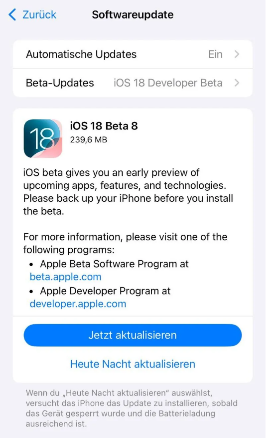 富阳苹果手机维修分享苹果 iOS / iPadOS 18 开发者预览版 Beta 8 发布 